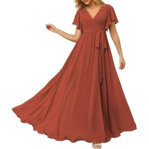 HPPEE Jurken voor dames, V-hals, bruidsmeisjes met mouwen, voor bruiloft, lange chiffon formele jurk, Verbrand Oranje, 44