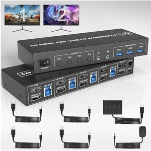 4-poorts +DP-monitorswitch for 4 pc's, 2 monitoren, 4K dual monitor KVM-switch met -microfoonuitgang en 3 USB 3.0-poorten,Schakelde soepel(EU POWER)