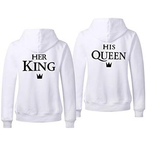 King Queen Hoodie voor Koppel Couple Hoodie Her King His Queen Pullover Met Capuchon Partner Truien Koppel Truien Partnerlook Zwart Wit Grijs 1 Stuk(Queen-Wit,L)