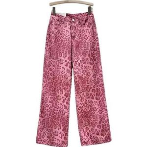 Women'S Printed Trousers Pink Leopard Print Dipped Casual Pants Women Spring Straight Leg Wide Leg Pants Slim Look Trousers-Fuchsia-S 40-50Kg