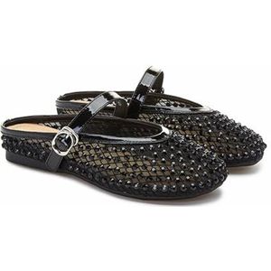 Dames slippers met gesloten neus van 1,5 cm met platform en kristallen accenten, PU-bovenwerk en echt leren voetbed voor binnen en buiten - zwart/wit