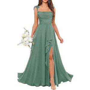 Dames chiffon bruidsmeisjes jurken met split lange galajurken ruches cocktailjurk plus size, Eucalyptus, 32
