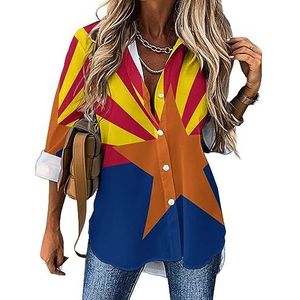 Vlaggenkaart van Arizona Mesh Casual Shirt voor dames, button-down, lange mouwen, V-hals, blouse, tuniek voor leggings