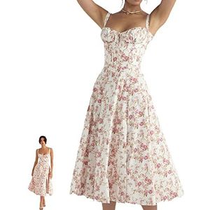 LEMMAN Print Bustier Sundress, dames bloemen sexy split lange korset jurk voor vrouwen uitgesneden rugloze maxi-jurk (1 stuk S-H, XL)