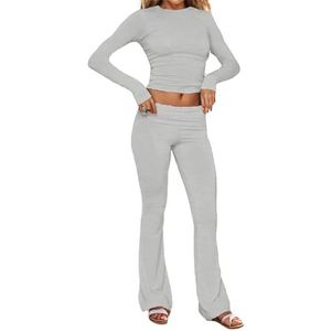 Women's 2 Piece Lounge Sets Fold-over Flare Pants, Cotton Long Sleeve Crop Top and Pants Casual Outfits Yoga Set (M,Grey)