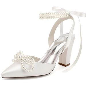 KYEGLO Puntige Satijnen Hakken Voor Dames Met Parelriempje Om De Enkel, Gesloten Sandalen Met Parelstrikje - Ideaal Voor Casual, Werk En Bruiloftskleding,ivoor,36