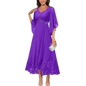 KURFACE Jurken voor dames, V-hals, moeder van de bruid met mouwen, kanten applicatie, chiffon, formele avondjurk, Paars, 32
