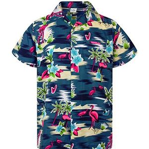 Funky Hawaiiaans Overhemd, Hawaii-Overhemd, Korte Mouw, Flamingos OLD, Grijs Blauw, L