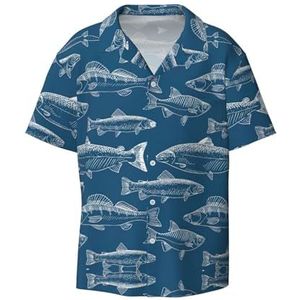 OdDdot Ocean Fishes Print Button Down Shirt voor heren, korte mouwen, casual shirt voor heren, zomer, zakelijk, casual overhemd, Zwart, L