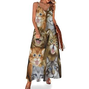 Leuke katten emoties dames zomer maxi-jurk V-hals mouwloze spaghettiband lange jurk