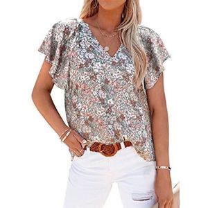 QLXYYFC Vrouwen Blouse Korte Mouwen V-hals Print Blouse Pullover Tops Shirt Basic Losse Casual Tops Zomer Mode T-shirt (Color : Grey, Size : L)