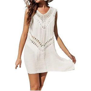 DUNSBY Zomer dames strandjurken mouwloos uitgehold badpak vrouwen coverup badpak gehaakte patchwork coverups voor badmode badpak cover up (kleur: wit, maat: XXL)