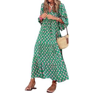 Bohemian Jurk 2024 Casual Losse Gedrukte Gelaagde Plus Size Jurk V-hals Gezwollen Mouw Zomer Strand Lange Jurken (Color : Green-2, Size : XXL)