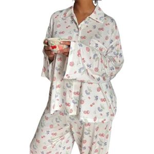 EsprAL 2-delige bloemenpyjamaset voor dames, overhemden en broeken met knopen en broeken met lange mouwen, woonkamerset fruitprint pyjama voor dames, Rood, M