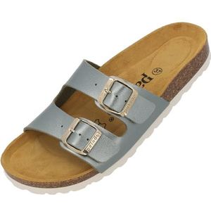 Palado Milos Metallic damesslippers, sandalen met riempjes, pantoffels met voetbed van natuurlijk kurk, comfortabele schoenen met zool van het fijnste suède, groen metallic, 36 EU