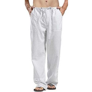 VANVENE Linnen herenbroek, casual, losse lichtgewicht elastische taille, zomer, yoga, strandbroek, Wit, XXL