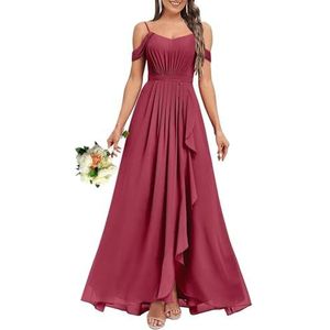 HPPEE Dames V-hals koude schouder bruidsmeisjes jurken met split ruches chiffon formele avondjurk, Woestijnroos, 32