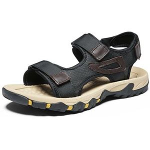 Grote maat heren open teen sandalen, holle echt lederen wandelsandalen, mode backpacken strandschoenen, Zwart, 41 EU