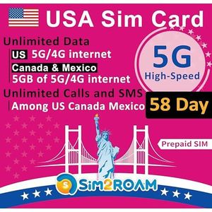 Prepaid SIM-kaart - Onbeperkte 5G/4G Internetdata in de VS - Hervulbaar - 58 Dagen Geldigheid