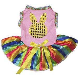 Petitebelle gele pailletten Bunny Gezicht Shirt Regenboog Gestreepte Tutu Puppy Hond Jurk, Medium, Pink/Rainbow Striped