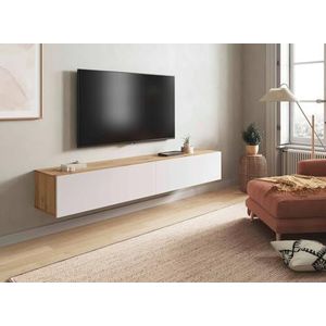 Dmora Vincennes TV-standaard met 2 deuren, hangkast voor de woonkamer, 180 x 35 x 28 cm, eiken Nodi en glanzend wit