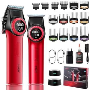 VGR 001 & 977 Professionele Draadloze Tondeuses voor Mannen, Trimmer Set met DLC Coating Mes, Spot LED-Lamp, USB Oplaadbaar met Oplaadstandaard, Rood