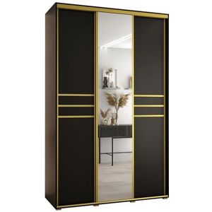 MEBLE KRYSPOL Davos 11 150 Kledingkast met drie schuifdeuren voor slaapkamer - Moderne Kledingkast met spiegel, kledingroede en planken - 235,2x150x60 cm - Zwart Zwart Goud