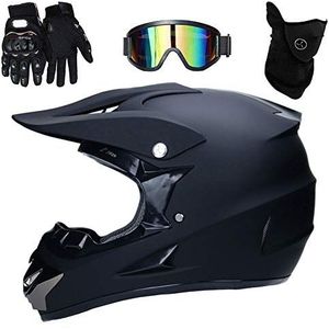 UIGJIOG Motorcross Helm Mat Zwart, Volwassen Vol Gezicht Off-Road Crash Helm Met D.O.T Gecertificeerde MX ATV BMX Racing Beschermende Uitrusting Gift Goggle Handschoen Masker,A,S(52~53cm)