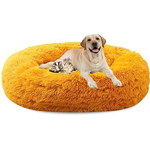 Kalmerend hondenbed pluche donut huisdier bed, pluizig rond knuffelkussen puppy wasbaar afneembaar anti-slip bodem hond kat bed - goud ||Ø120cm/47
