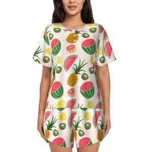 YJxoZH Tropisch fruit Print Womens Zomer Pyjama Sets Nachtkleding Dames Korte Mouw Nachtkleding Pjs Lounge Met Zakken, Zwart, XXL