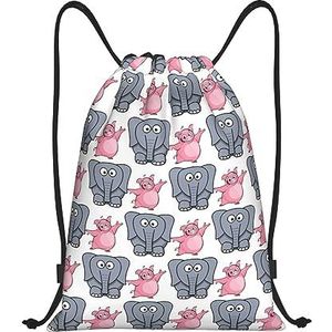 BTCOWZRV Trekkoord Rugzak Olifant en Piggie Print Waterdichte String Bag Verstelbare Gym Sport Sackpack, Zwart, Medium
