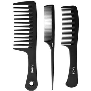 RHOS Kamset voor dames en heren, 3-delig, brede tand, rattenstaart, commode, haarkammen, ontwarrende haarkammen voor alle haartypes, zwart