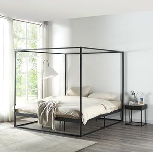 en.casa - Hemelbed - Zwart - Metaal - Inclusief Bedbodem