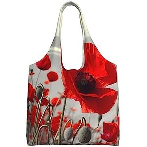 YNCATXZ Rode Klaproos Bloem Canvas Tote Bag voor Vrouwen Esthetische Boodschappentassen Schoudertas Herbruikbare Boodschappentassen, Zwart, Eén maat