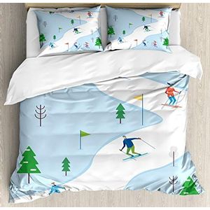 ABAKUHAUS Ski Pattern Dekbedovertrekset, Wintersport Track, Decoratieve 3-delige Bedset met 2 Sierslopen, 230 x 220 cm - 70 x 50 cm, Baby Blue en Multicolor