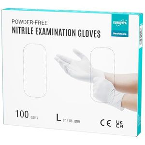 EUROPAPA® 100 x nitrilhandschoenen, wit, box, wegwerphandschoenen, onderzoekshandschoenen, nitril handschoenen, poedervrij, zonder latex, niet-steriel, latexvrij, wegwerphandschoenen (L,Wit)
