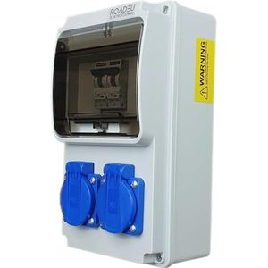 RoadEu - Stroomverdeler 230V - 2x Schuko stopcontact met C16A stroomonderbrekers - Schakelbord met stopcontacten - Volledig bedrade, IP44 constructie stroomverdeler voor binnen/buiten.