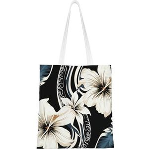 GFLFMXZW Zwart en wit Hawaiiaanse bloemenprint canvas draagtas herbruikbare boodschappentas esthetische handtas schoudertas voor vrouwen meisjes, zwart, één maat, Zwart, One Size
