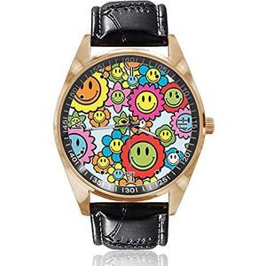 Kleurrijke Cartoon Zonnebloem Stijl Smile Gezicht Polshorloge Analoge Quartz Gouden Wijzerplaat Klassieke LeatherBand Vrouwen Mannen Horloge, Goud, 1.6""x1.6""x0.15"" inch, riem