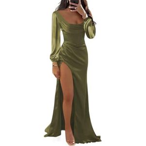 Dames satijnen formele galajurken met split bruidsmeisjes jurken voor bruiloft cocktailjurken grote maten, Olijfgroen, 36