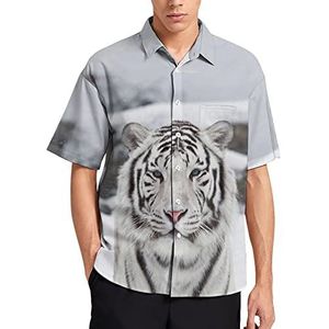 Witte tijger in de sneeuw Hawaiiaans shirt voor heren, zomer, strand, casual, korte mouwen, button-down shirts met zak