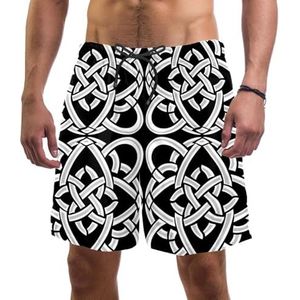 Heren Board Shorts, Donker Monochroom Keltisch Patroon Sneldrogende Badmode Strand Vakantie Party Bermuda Zwemmen Grote Broek, Donker monochroom Keltisch patroon, L