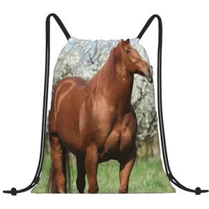EgoMed Trekkoord Rugzak, Rugzak String Bag Sport Cinch Sackpack String Bag Gym Bag, Paard Bloeiende Bomen Gedrukt, zoals afgebeeld, Eén maat