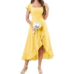 Korte Mouw Bruidsmeisje Jurken voor Bruiloft Hoge Lage Chiffon Formele Avond Party Maxi Gown Thee Lengte AH157, Geel, 34