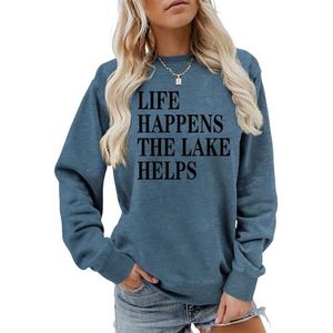 MLZHAN Life Happens The Lake helpt afdrukken vrouwen sweatshirt lange mouw mode sweatshirts ademende losse pasvorm truien, Blauw, S