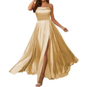 Lange jurk met ruches voor dames met zakken, spaghettibandjes, formele jurk voor bruiloft met split, Goud, 58