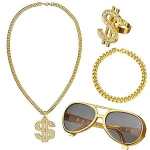 5 Pcs Hiphopkostuum voor mannen | Set van 4 Rapper Kostuum Kit,Nep gouden ketting geld ketting, twist been punk zonnebril, dollarteken vinger ring en armband