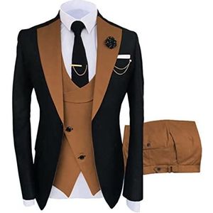 TROTTS Slim fit pakken voor mannen 3-delig één knop bruidegom smoking pak prom bruiloft elegante revers blazer jassen voor feestdiner (kleur: lichtbruin, maat: XL)
