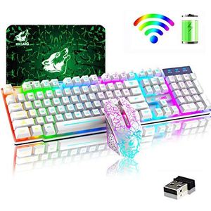T3 Draadloze Toetsenbord Muis Combo, Rainbow Backlit 2.4G Oplaadbare 3800mAh-batterij 104-toetsen Gamingtoetsenbord + 2400 DPI 6-Knoppen Optische LED-gaming Draadloze Muis for PC/Laptop-Wit