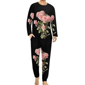 Roze rozen bloemen comfortabele heren pyjama set ronde hals lange mouwen loungewear met zakken XL